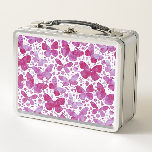 Mariposas Watercolor Pink Metalizado Lunch Box (Anverso)