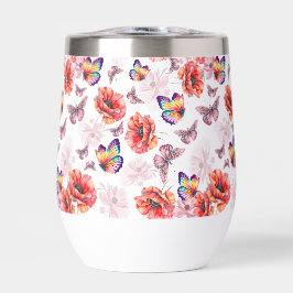 Mariposas y flores de amapola