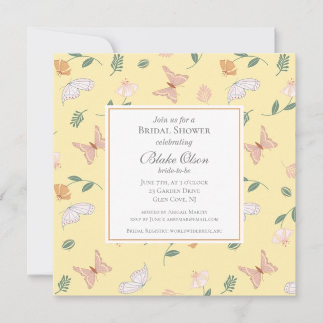 Mariposas y flores Invitación a la ducha de novias (Anverso)