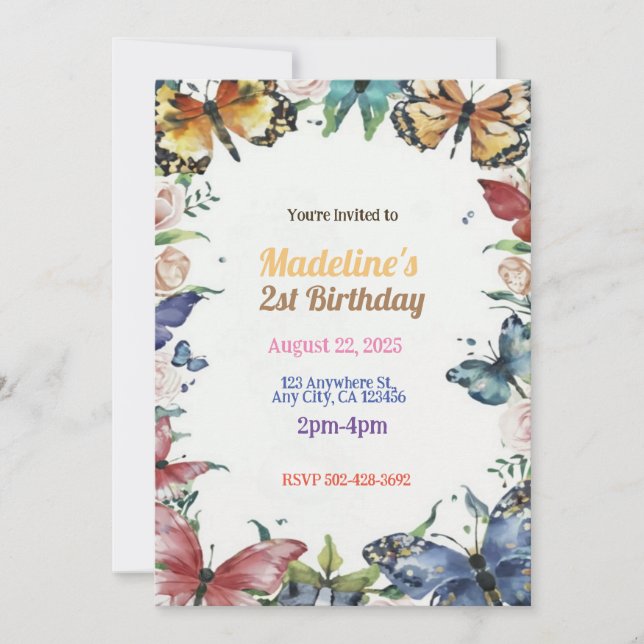 Mariposas y flores Invitación a la fiesta de cumpl (Anverso)