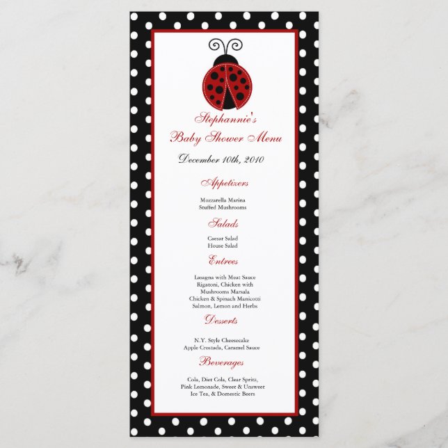 Mariquita del rojo de 25 tarjetas del menú (Anverso)