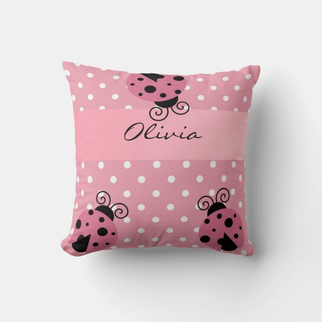 Mariquita rosada y almohada personalizada lunares (Anverso)