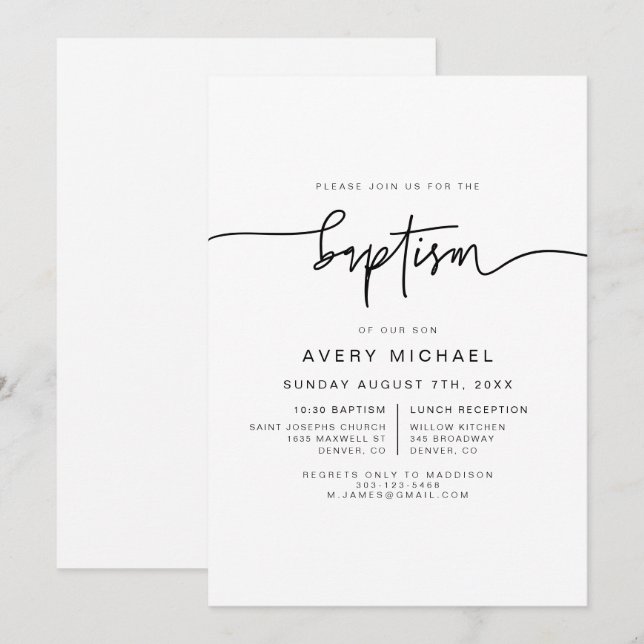 MARLO Moderno Negrita Negrita Invitación al Bautis (Anverso / Reverso)