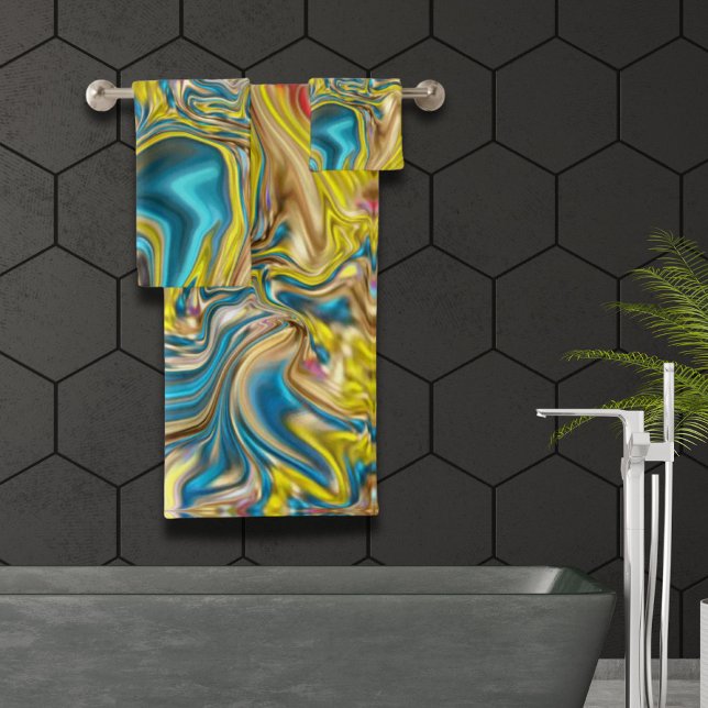 mármol abstracto giratorio amarillo azul turquesa  (abstract marble swirls yellow teal turquoise blue bath towel set)