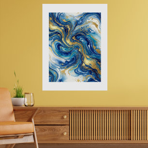 Mármol Azul Dorado Arte de Pared Abstracto Fluido