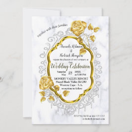 Mármol blanco con invitación a la decoración dorad