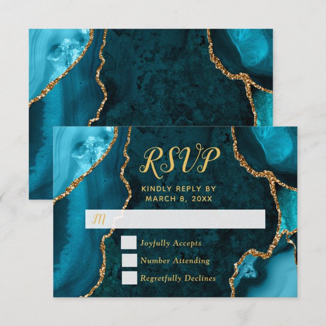 Mármol de Ágata Teal y Gold RSVP (Anverso / Reverso)