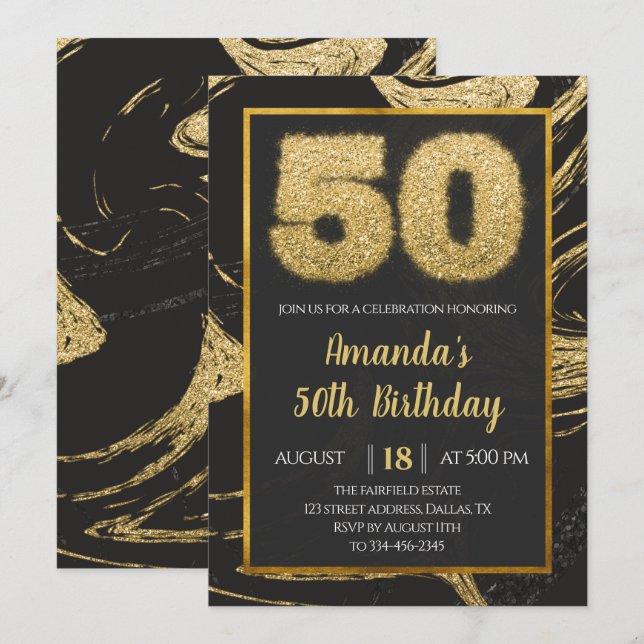 Mármol dorado 50.ª invitación de cumpleaños (Anverso / Reverso)
