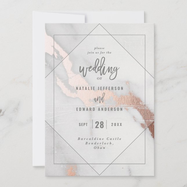 Mármol moderno y oro rosa Invitación a la boda (Anverso)