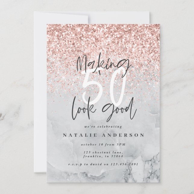 Mármol y oro rosa moderna fiesta de cumpleaños 50 (Anverso)