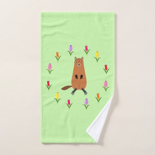 Marmota Linda y Flores de Tulipán (Toalla de mano)