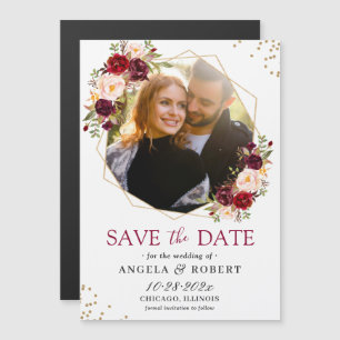 Maroon Floral Geometric Photo Save the Date Magnet