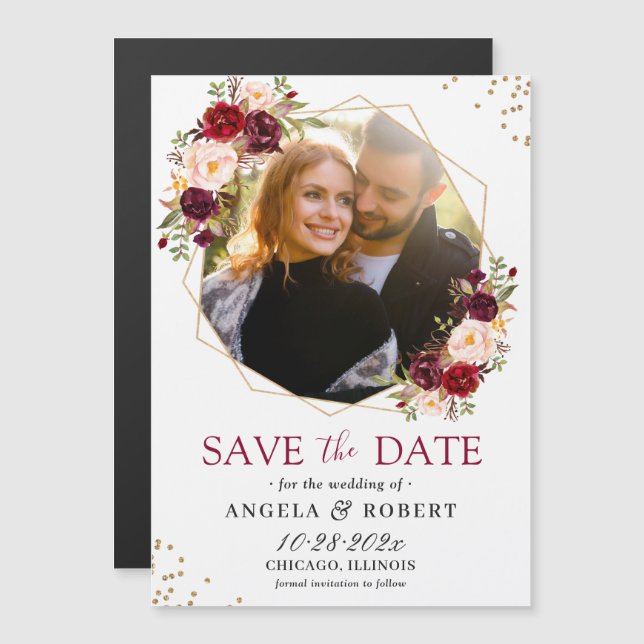 Maroon Floral Geometric Photo Save the Date Magnet (Anverso/Reverso)
