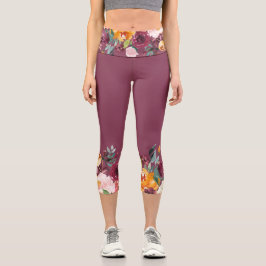 Maroon Flower Borders Capri Leggings