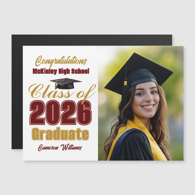 Maroon Gold Class of 2026 Graduation Photo Magnet (Anverso/Reverso)