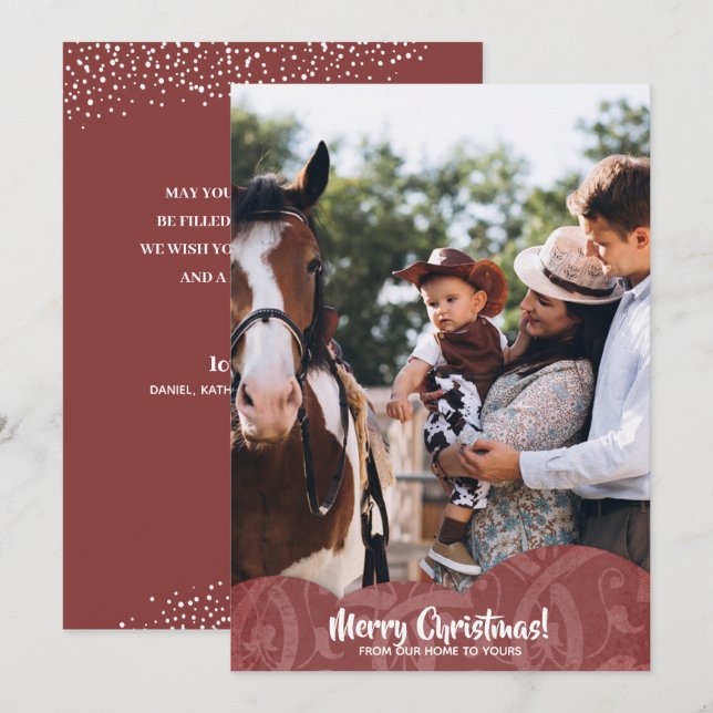 Maroon Linen Filigree Foto Navidad tarjeta de vaca (Anverso / Reverso)