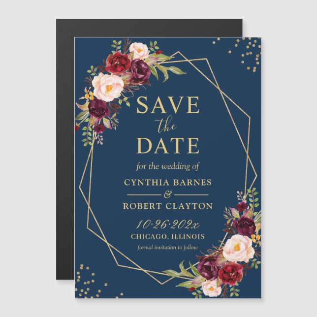 Maroon Navy Floral Geometric Save the Date Magnet (Anverso/Reverso)