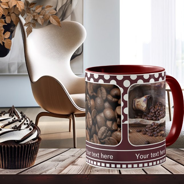 Maroon Personalizado fotograma café taza (Photo mug with a coffee theme or your own favorite photos on retro chocolate polka dots)