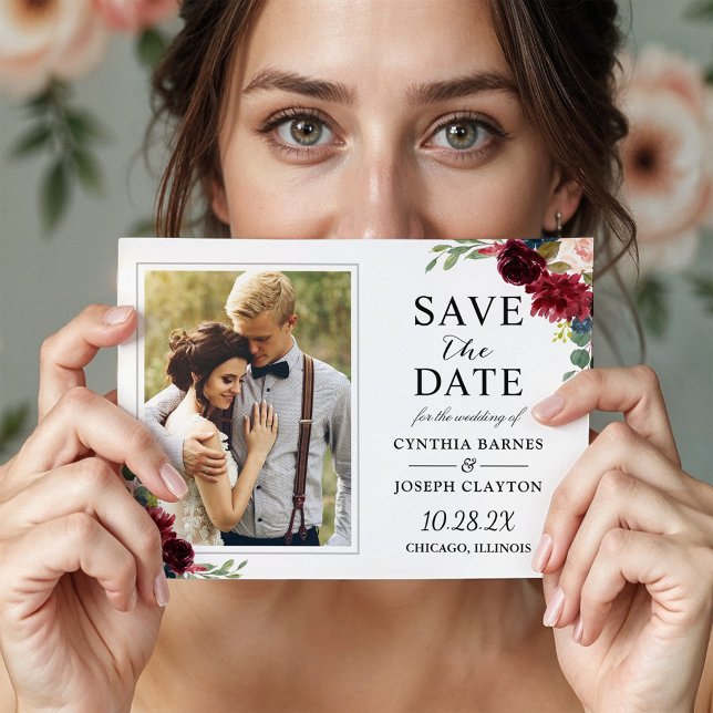 Maroon Red Floral Save the Date Photo Magnet (Subido por el creador)