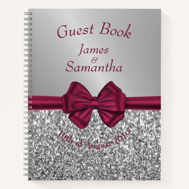 Maroon Satin Bow & Silver - Libro para invitados (Anverso)