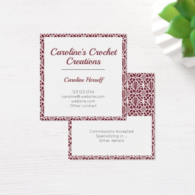 Maroon White Crochet Lace Pattern Business Card (Escritorio)