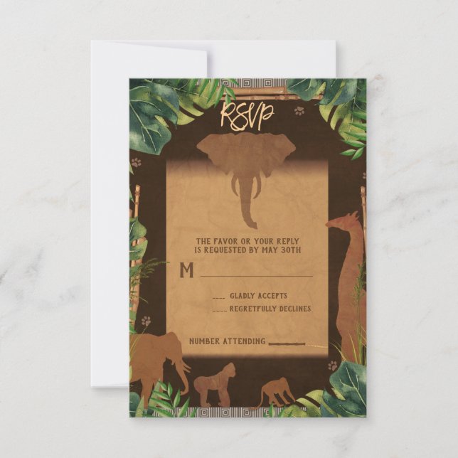 Marrón Safari Jungle Zoo Animals Wedding RSVP (Anverso)