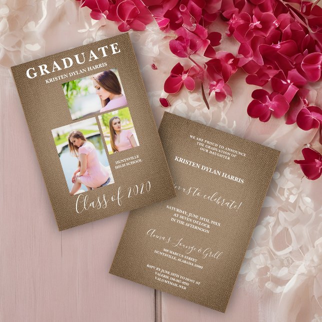 Marrón Tres fotos Collage Graduación Textil (Brown Modern Three Photos Collage Graduation Linen Effect Fabric Invitation Card.)