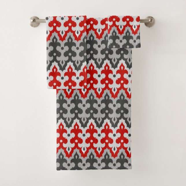Marroquí Ikat Damask, gris gráfico y rojo (In situ)