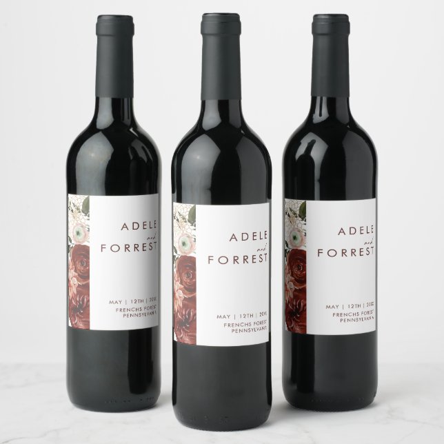 Marsala Autumn Floral | Etiqueta de Boda blanco (Botellas)