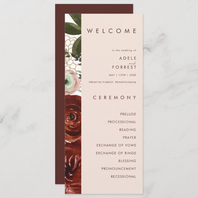 Marsala Autumn Floral | Programa de matrimonio Rub (Anverso / Reverso)