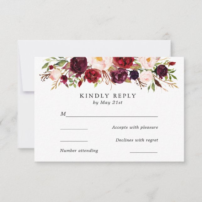 Marsala Burgundy Flowers Boda Tarjeta RSVP (Anverso)