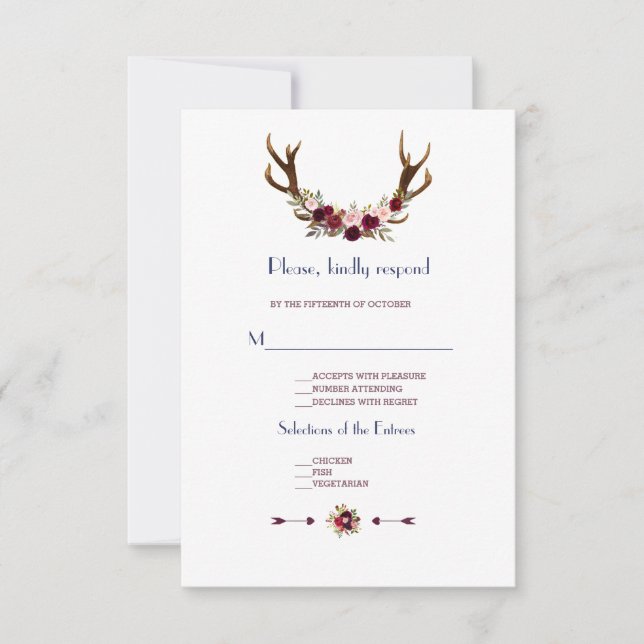 Marsala Floral Antlers Marina Boda Azul Caída RSVP (Anverso)