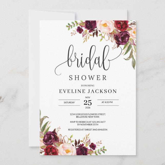 Marsala Floral Corners Bridal Shower Invitación (Anverso)