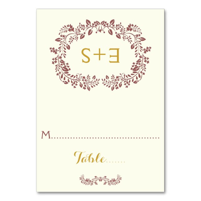 Marsala follaje e iniciales tarjeta de plaza boda (Anverso)