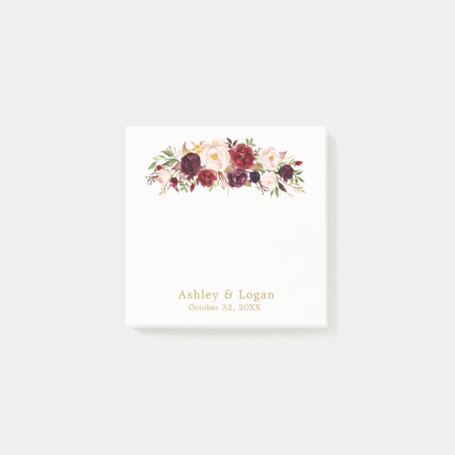 Marsala Gold Elegant Floral Boda Notas Post-it (Anverso)