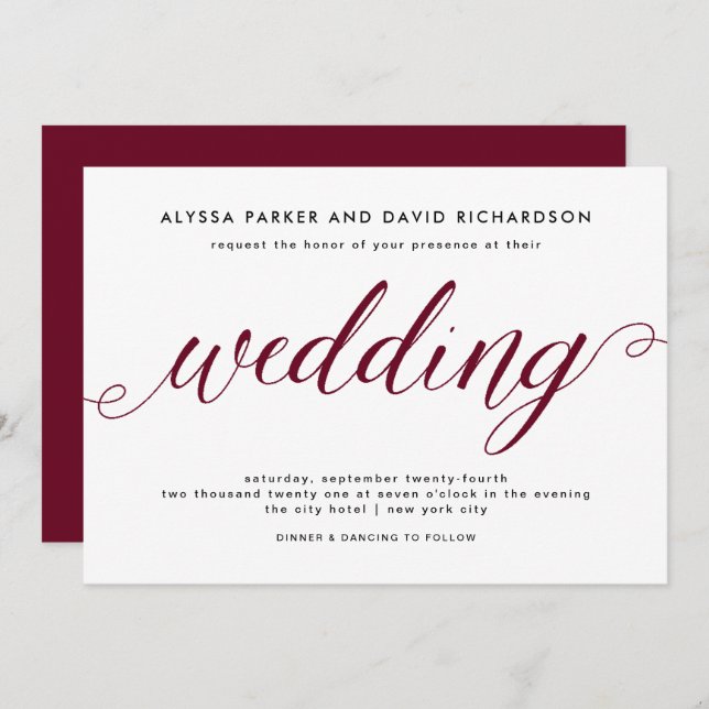 Marsala | Invitación a la boda de guión elegante (Anverso / Reverso)