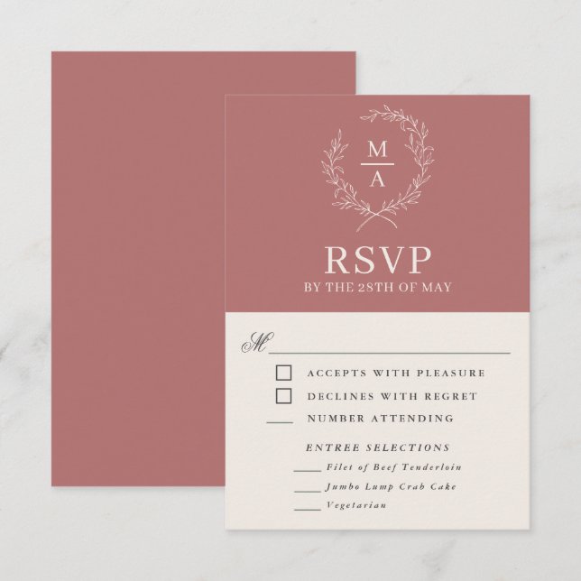 Marsala Monograma sencillo elegante RSVP con comid (Anverso / Reverso)