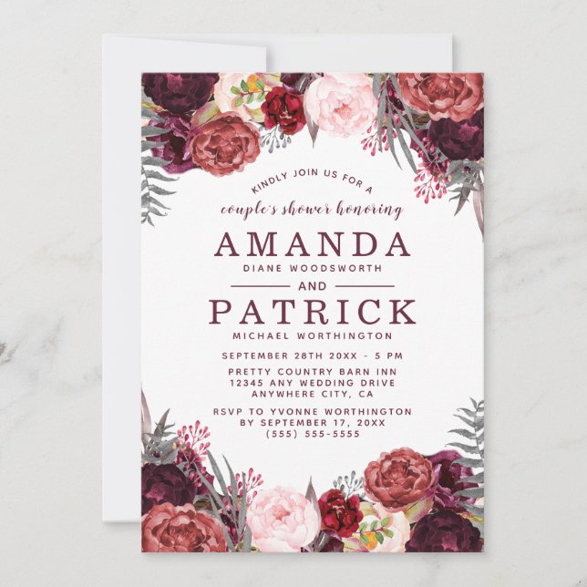 Marsala Peony Fall Boho Parejas Invitaciones a la  (Anverso)