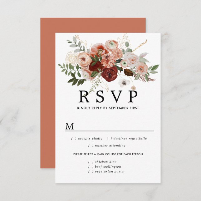 Marsala Terrocotta Boda Tarjeta RSVP, Opciones de  (Anverso / Reverso)