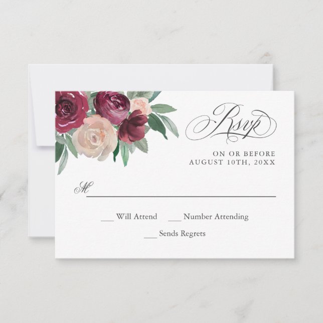 Marsala y RSVP floral de acuarela rosa (Anverso)
