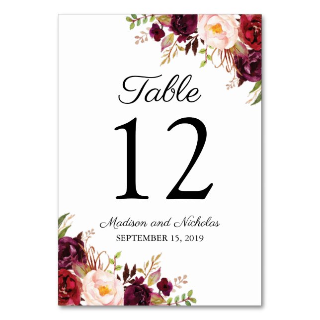 Marsala y tarjetas de número de Boda floral rosa (Anverso)