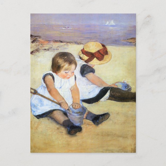 Mary Cassatt jugando en la postal de la playa (Anverso)