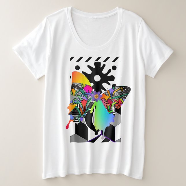 Más tamaño Mujeres Mariposa Floral Gráfica T-Shirt (Anverso del diseño)