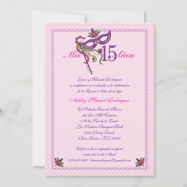 Máscara 15 Invitación a Quinceañera (Anverso)