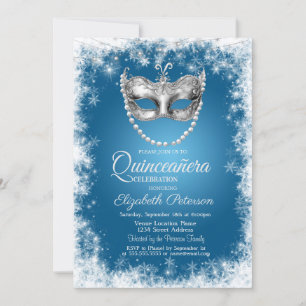 Máscara, Copos de Nieve, Invitación Azul de Quince