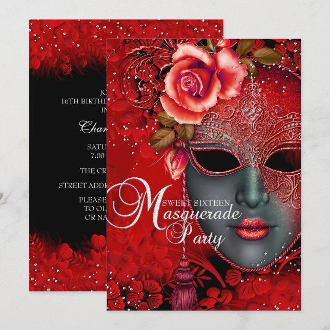 Máscara de brillo rojo Invitación Masquerade Sweet (Anverso / Reverso)