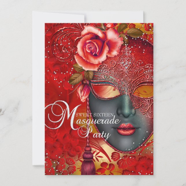 Máscara de brillo rojo y dorado Invitación Masquer (Anverso)