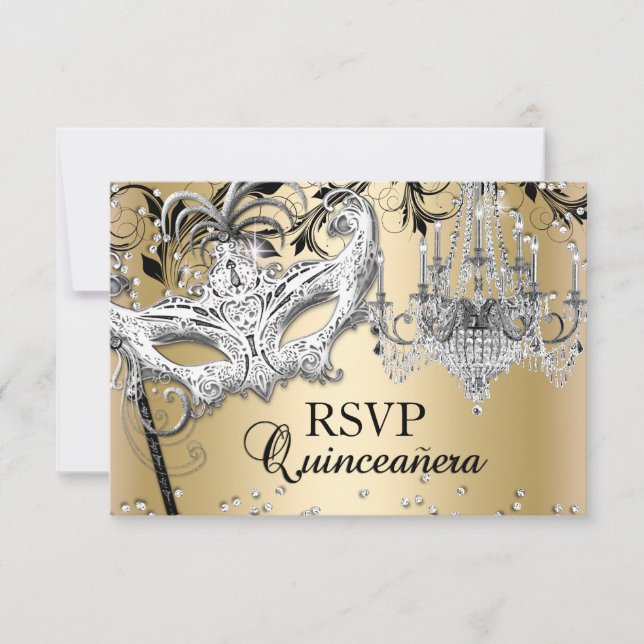 Máscara de candelabro de oro Quinceanera RSVP (Anverso)