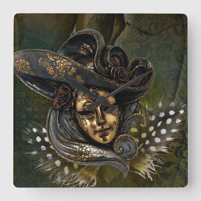 Máscara de Carnaval - Reloj de pared cuadrado de D (Anverso)