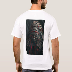 Máscara de chamán marrón con plumas y camiseta roj